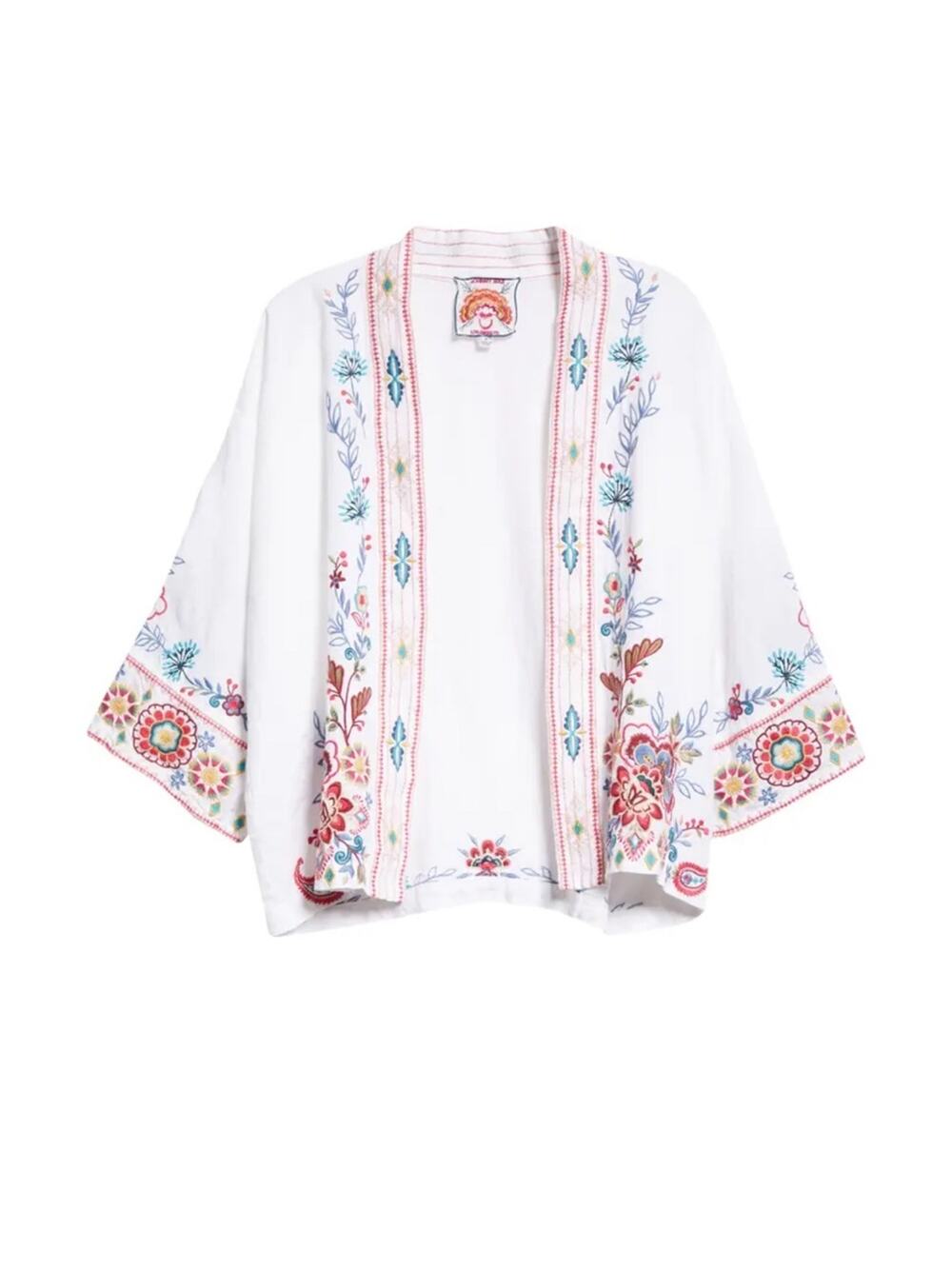 NEW - JOHNNY WAS Sicilia Embroidered Border Linen Jacket size OS short kimono